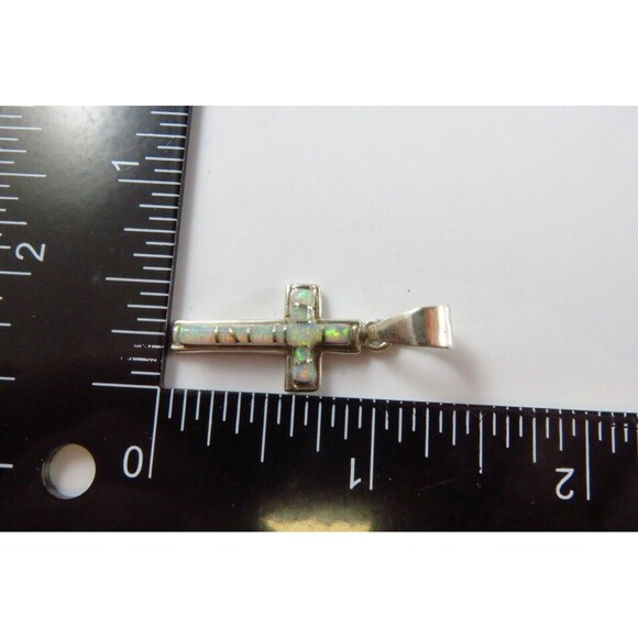 Opal Inlaid Christian Cross Pendant Sterling Opal Cross Cecil Sanders Navajo - Picture 5 of 5